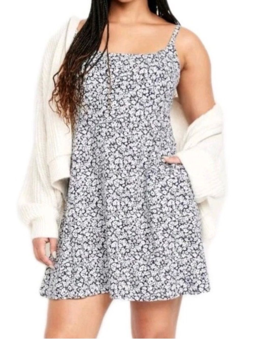 Old Navy Fit Flare Linen Blend Cami Navy White Floral Print Dress 2X Coastal Vac